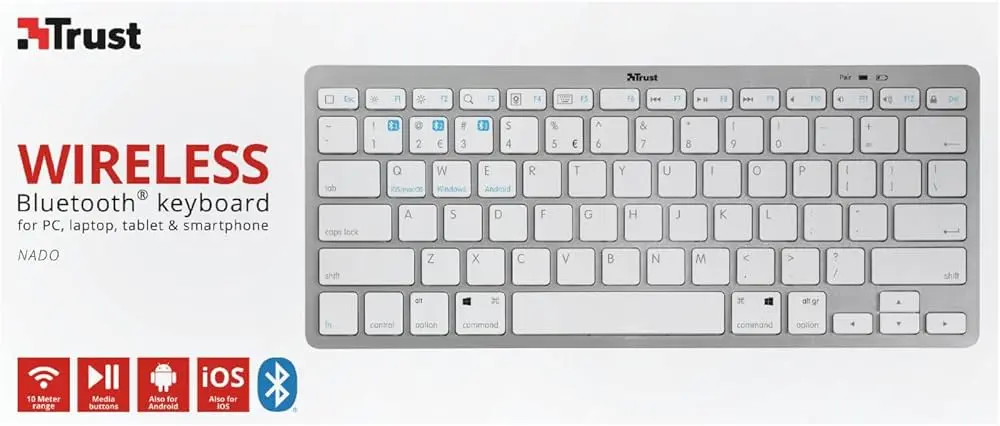 CLAVIER MINI TRUST BLUETOOTH Ultra Mince, 12 Touches de Fonction Multimédia, pour PC, Mac, Ordinateur, Portable, iPad, Tablet Argent - Blanc