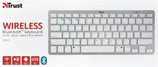 [22244] CLAVIER MINI TRUST BLUETOOTH Ultra Mince, 12 Touches de Fonction Multimédia, pour PC, Mac, Ordinateur, Portable, iPad, Tablet Argent - Blanc